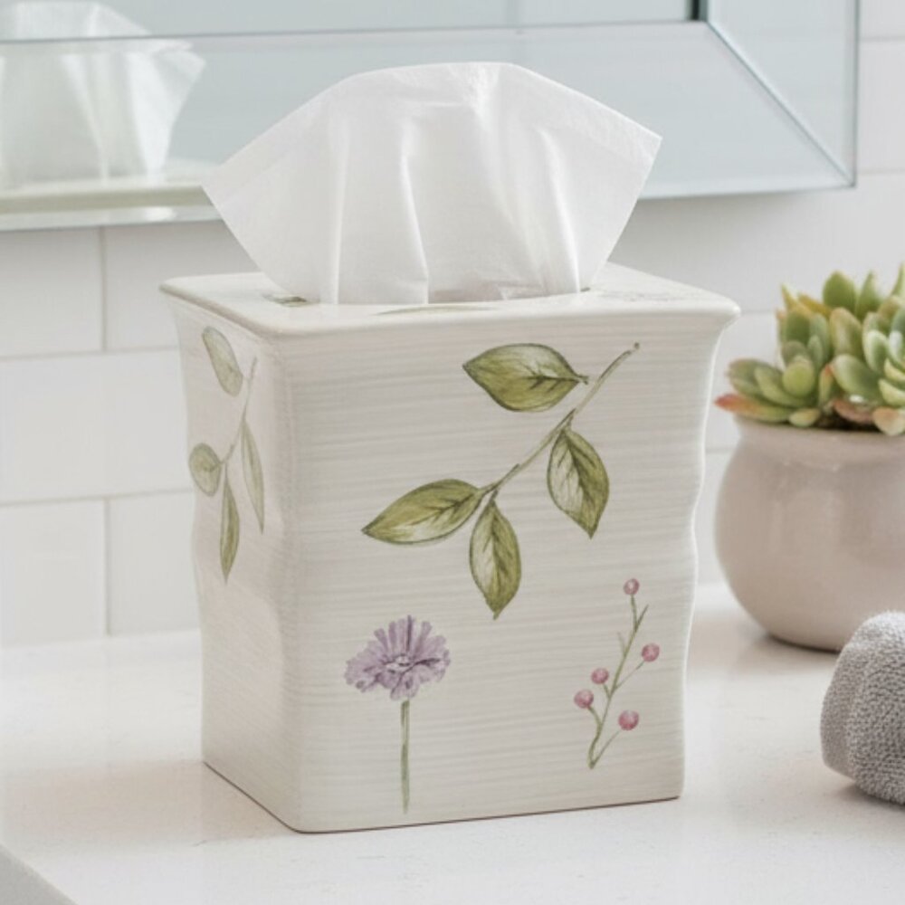 Vtg 90s Ceramic Tissue Box Cover LEAVES Home Decor Taupe Green Powder Room Bath